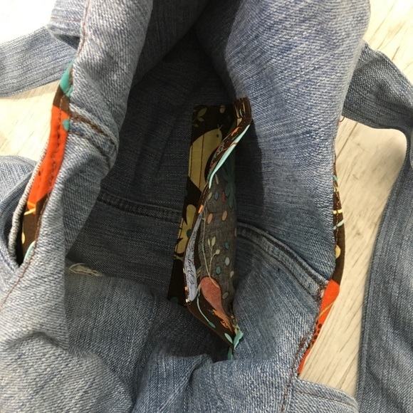 Whimsical Bird Brown Hand Bag Denim Jean Leaf Retro Print Handmade Sewn - Picture 7 of 8